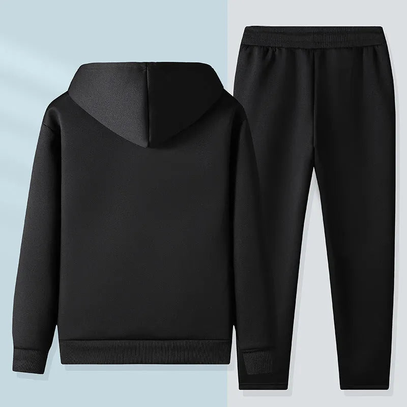 Men's black hooded jacket and matching trousers set with wool lining for autumn sports