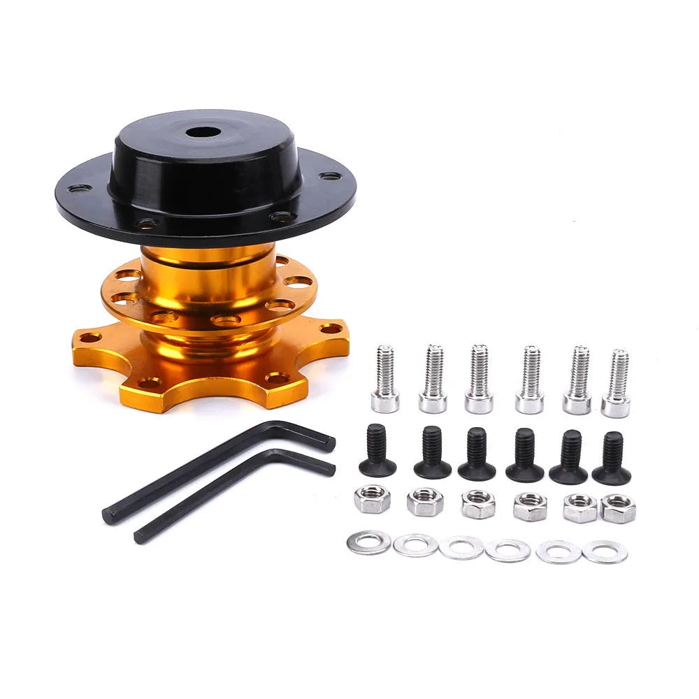 Car steering wheel quick release adapter device in black, red, blue, silver, and gold colour options.