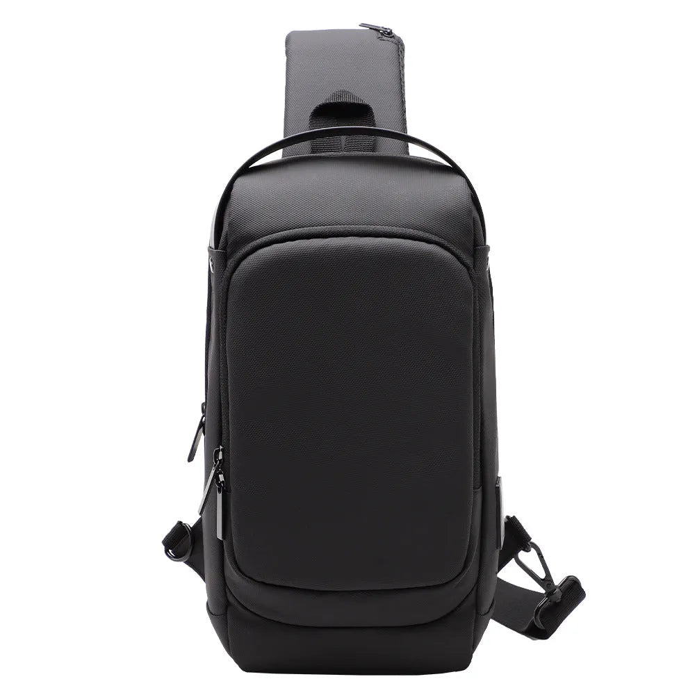 Men's black polyester crossbody shoulder bag with USB charging port and contrast-colour accents