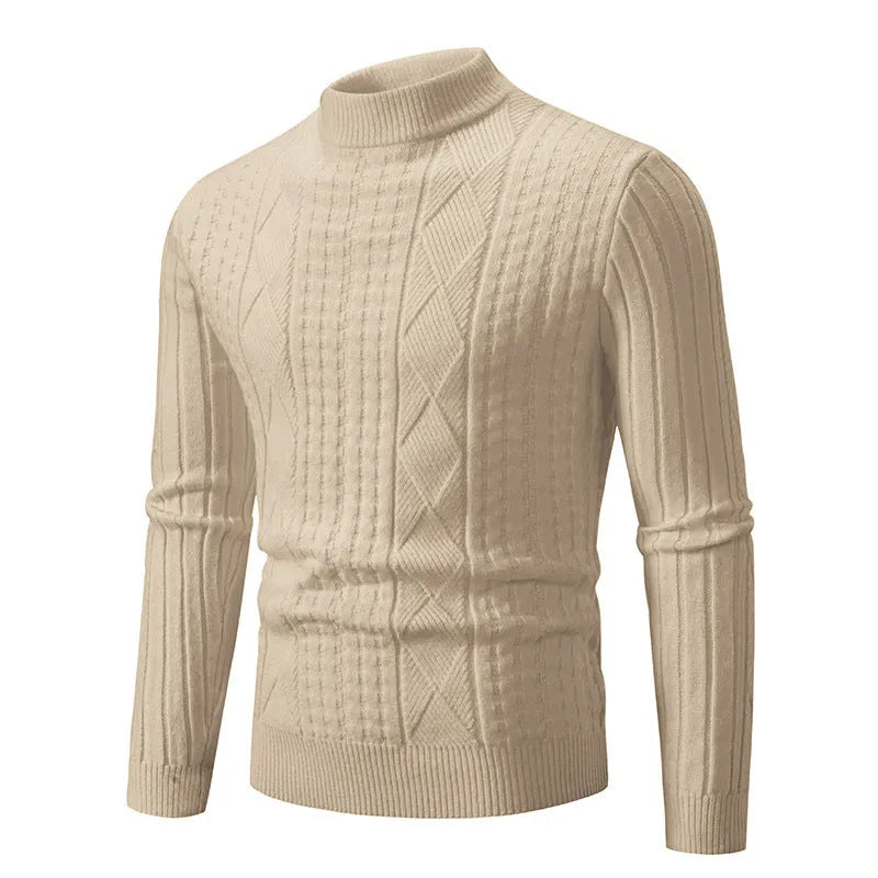 Men's cotton blend jacquard pullover sweater in beige, slim fit, long sleeve, available in sizes M to XXXL