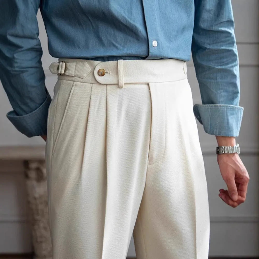 British men business casual straight-leg trousers in black polyester fibre, side view on mannequin