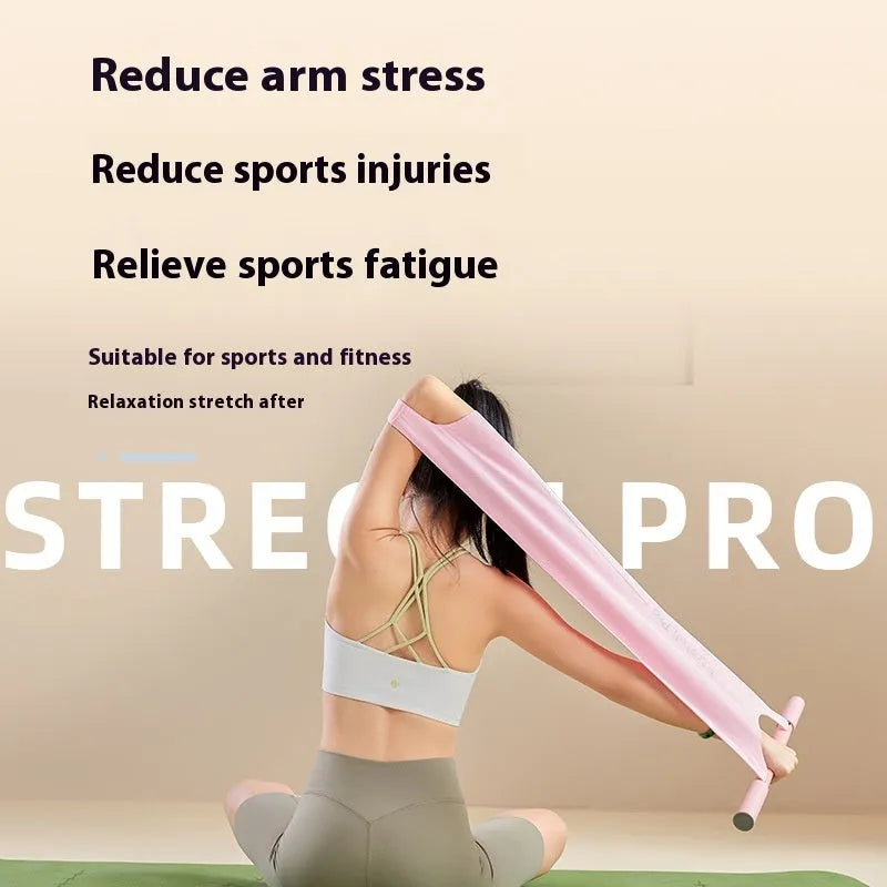 Yoga multi-function stretching tool for back, shoulder, and hip flexibility, in grey or pink finish.