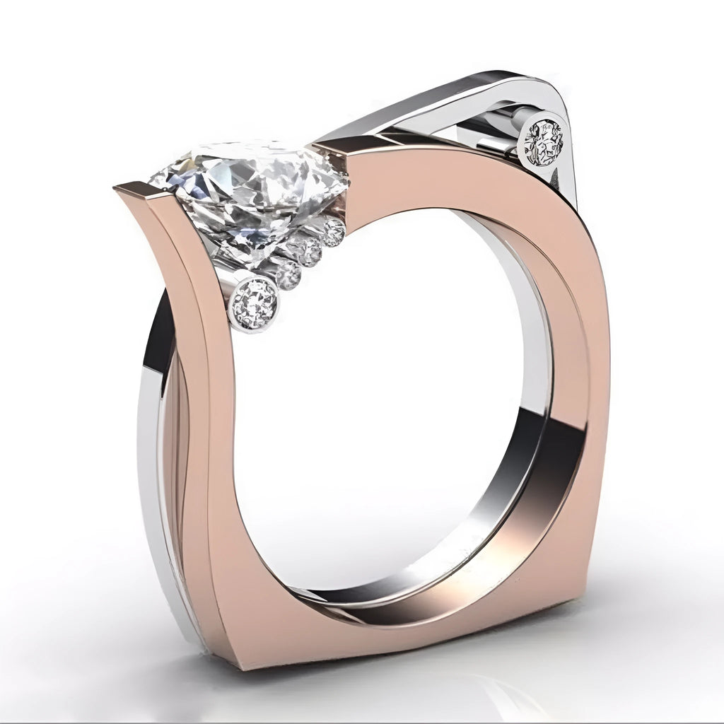 Rose gold electroplated women's couple ring with a geometric design and a central zircon stone inlay.