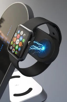 Black six-in-one wireless charging alarm clock showing phone, Apple Watch, and earphones on charging areas.