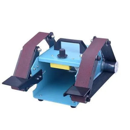 Blue desktop dual-axis belt sander with two sanding heads and a variable speed switch on a workbench.