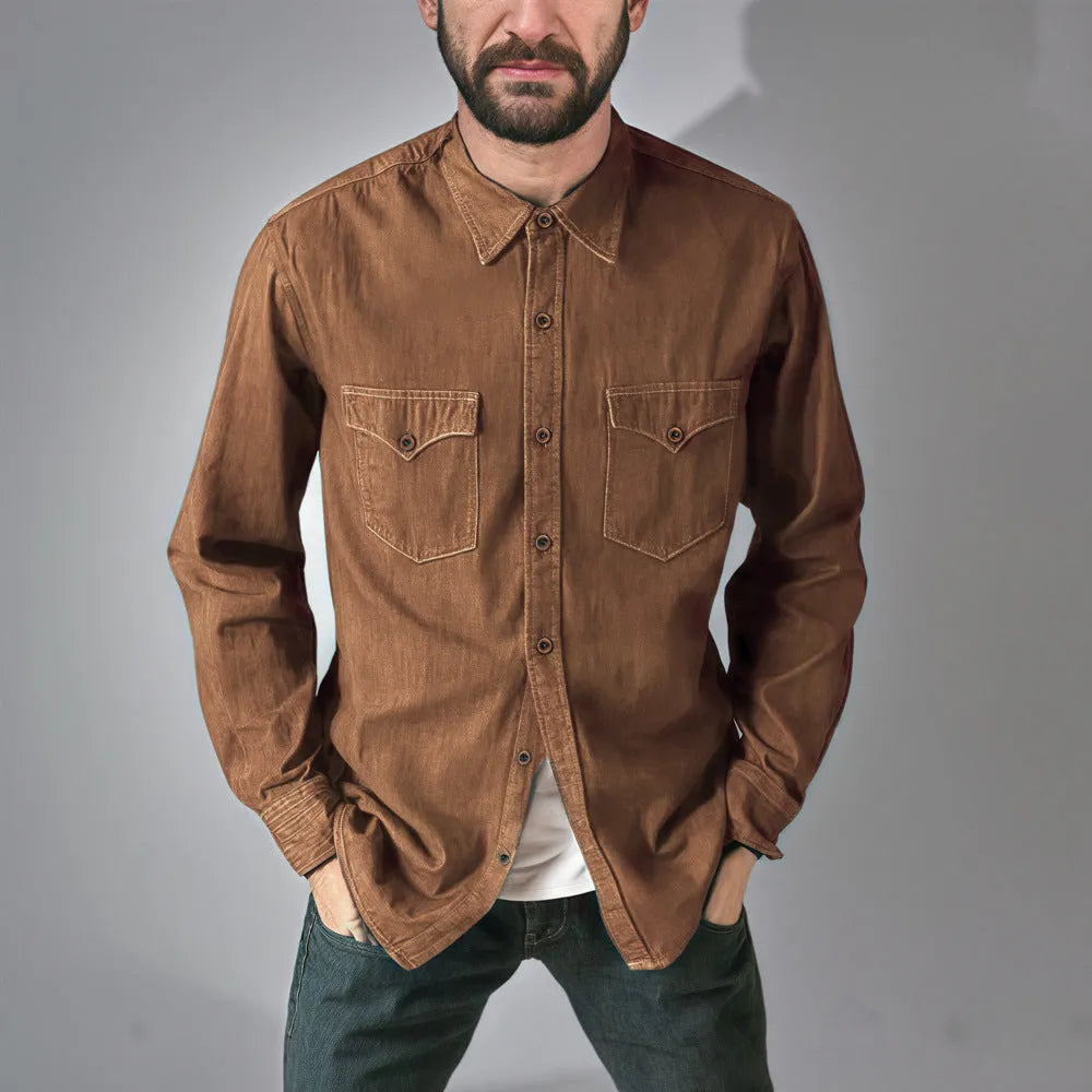 A denim cardigan coat shown in khaki, available in sizes S to 3XL.