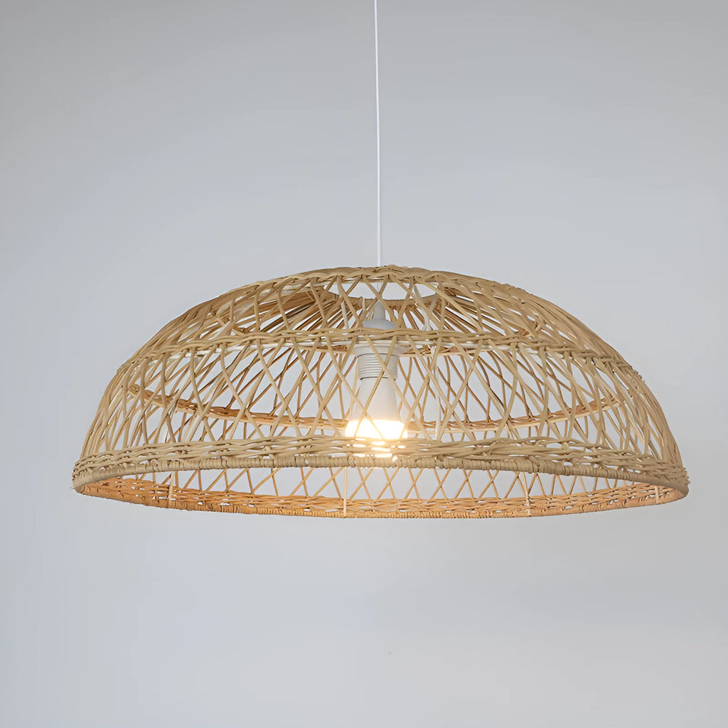 Handwoven bamboo chandelier, 60cm diameter, natural finish, hanging from ceiling