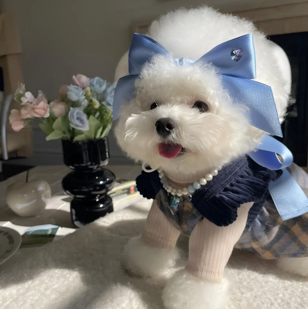 Princess style dog hair band headdress with a large, adjustable bow on a double-sided jacquard ribbon.