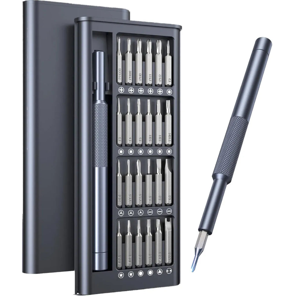 25-in-one precision screwdriver set with magnetic tip and knurled black handle, 110mm long.