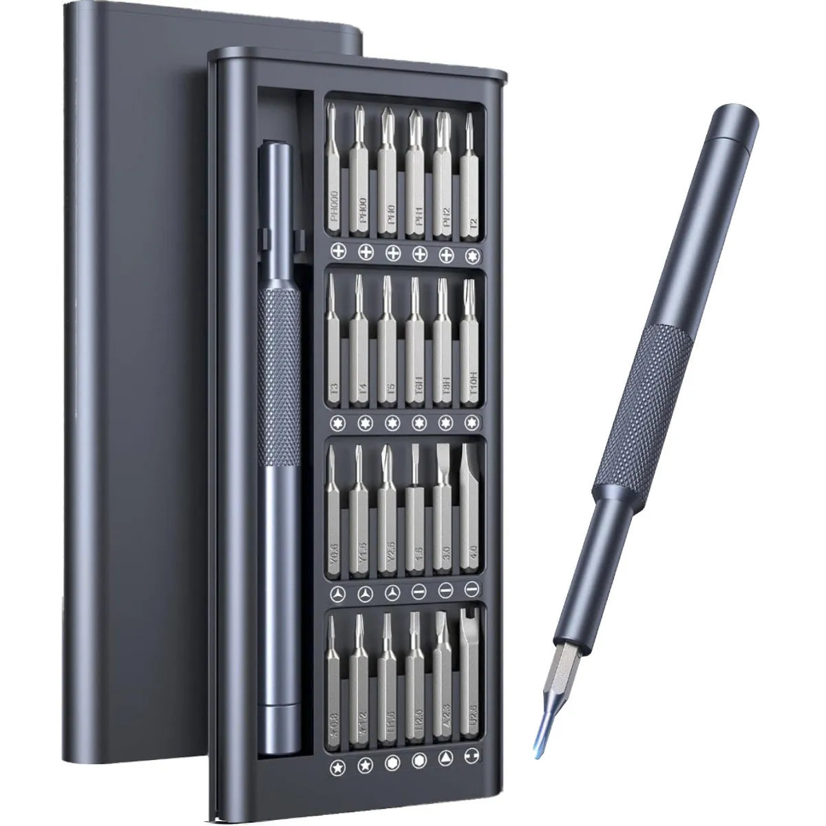 25-in-one precision screwdriver set with magnetic tip and knurled black handle, 110mm long.