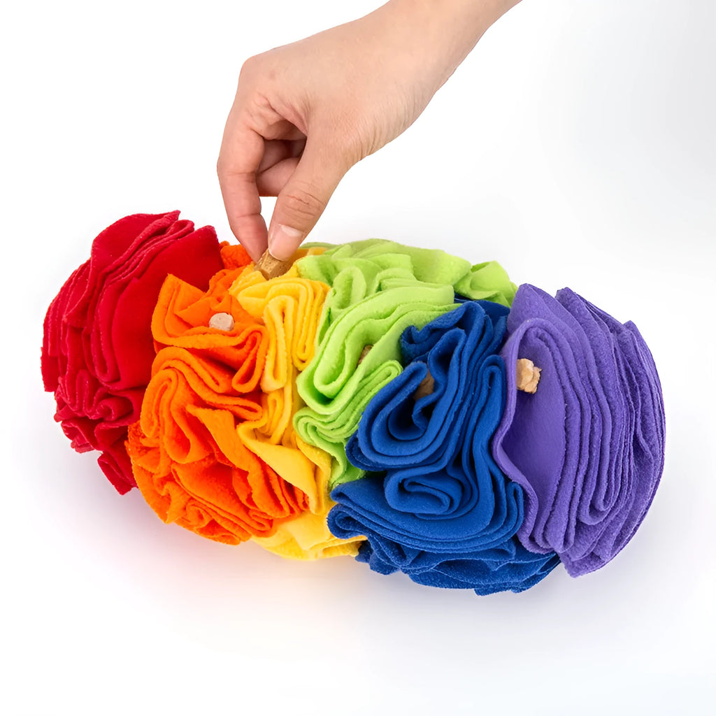 Dog snuffle pad in polar fleece fabric, 25 x 15cm puzzle training mat in Rainbow or Sunset colour