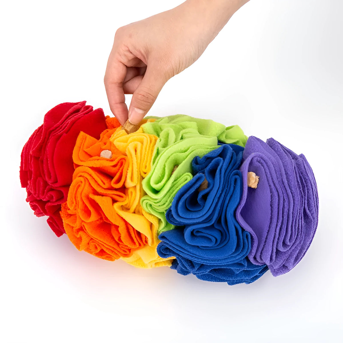 Dog snuffle pad in polar fleece fabric, 25 x 15cm puzzle training mat in Rainbow or Sunset colour