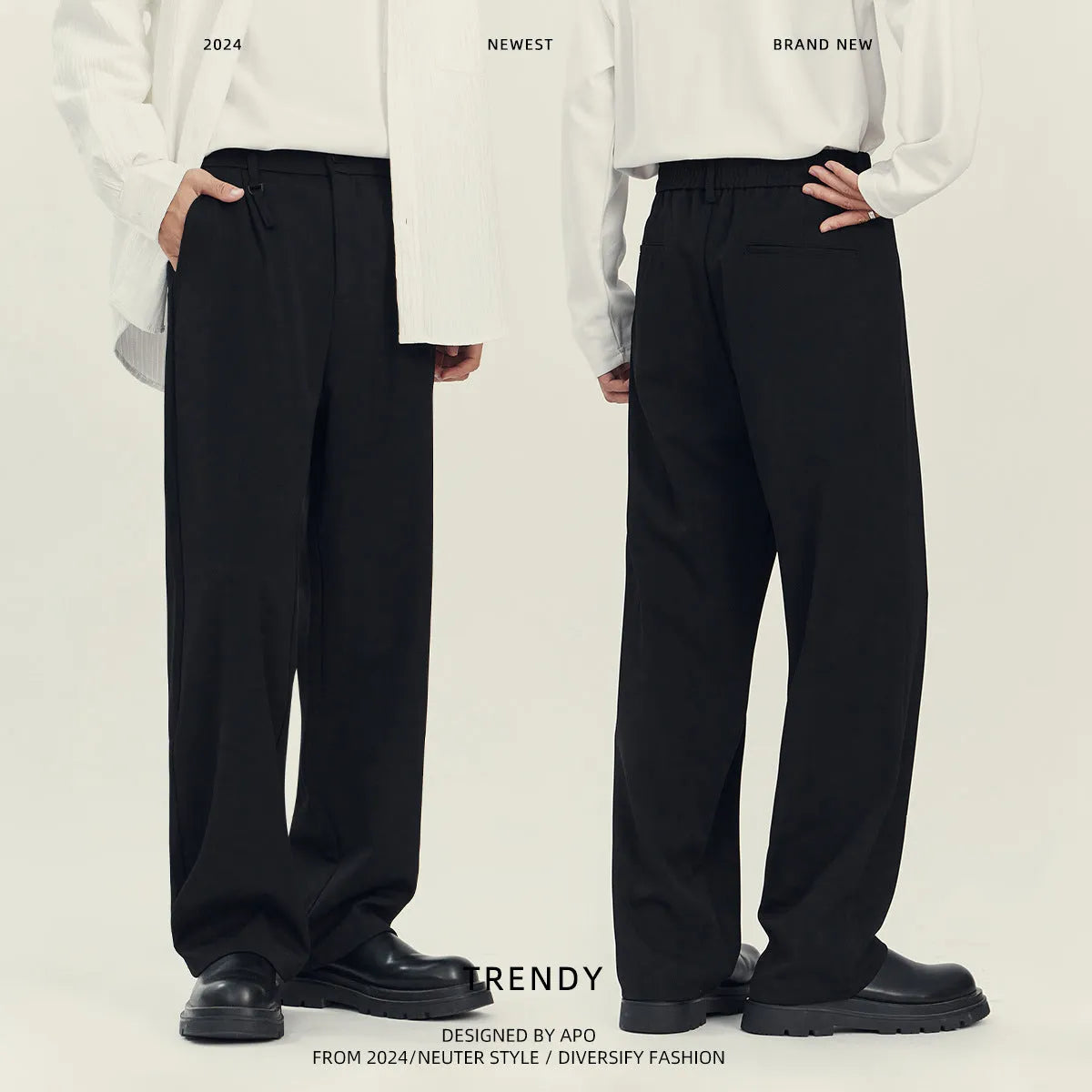 Man's loose-fit straight-leg business casual trousers in grey, laid flat showing waistband and full length.