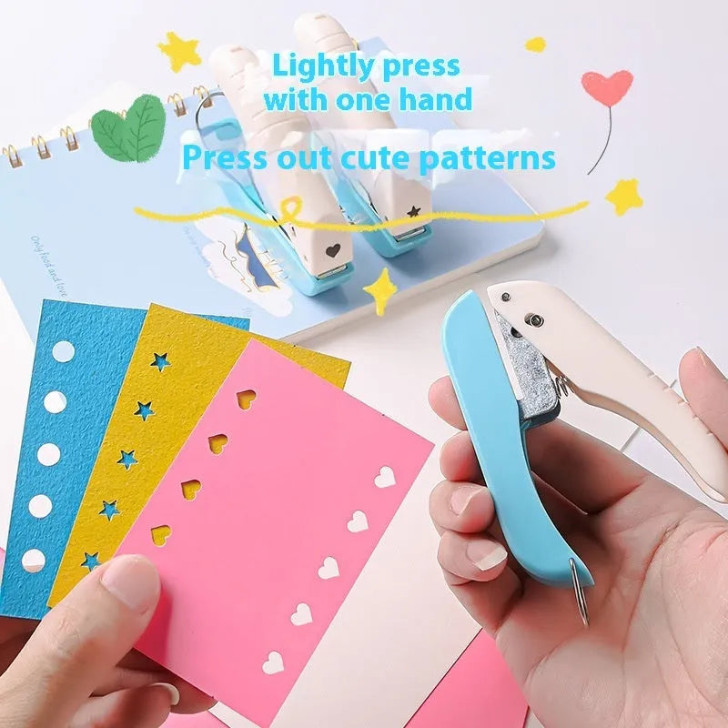 Small manual handheld punching machine with embossed patterns showing Love, Round 4mm, Round 6mm, and Star punch shapes.