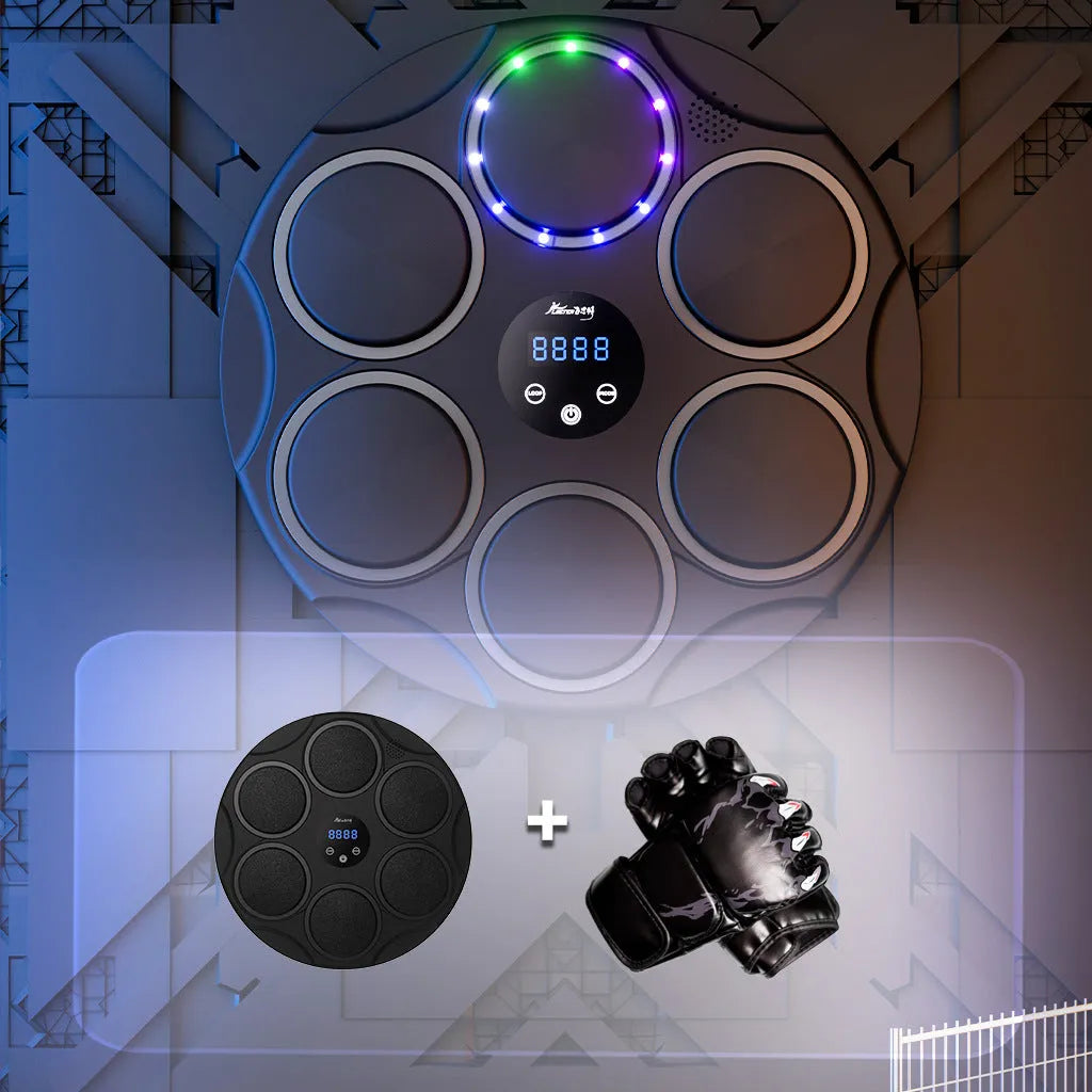 Smart Bluetooth boxing target with coloured lights on a black PU frame, hanging on a wall.