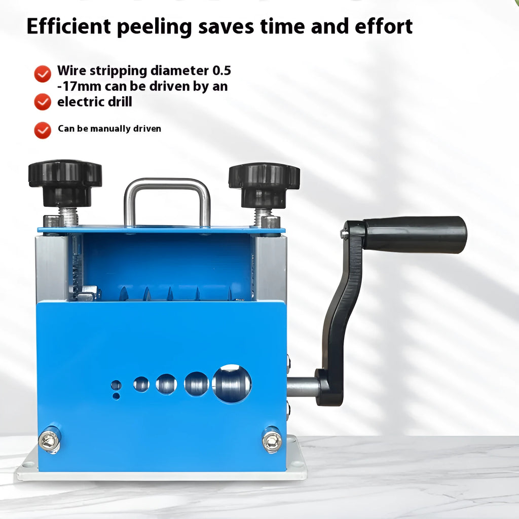 SD-017 manual wire stripping machine tool on a workbench, showing adjustment for cable diameter.