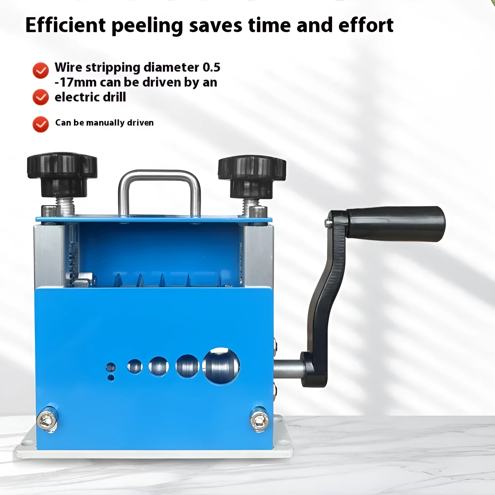 SD-017 manual wire stripping machine tool on a workbench, showing adjustment for cable diameter.