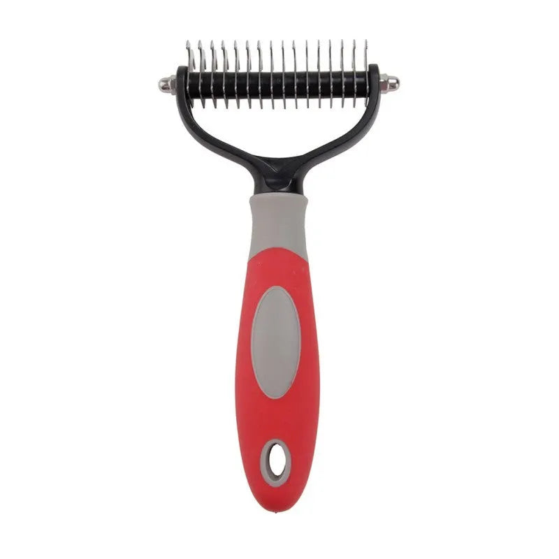 Stainless steel pet dematting comb for dogs and cats, dual-sided grooming tool in blue or red, large or small