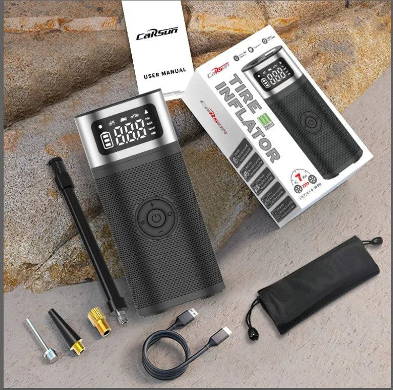 Black portable wireless air pump with LED light, 15cm tube, and accessory nozzles for car, bicycle, and ball inflation