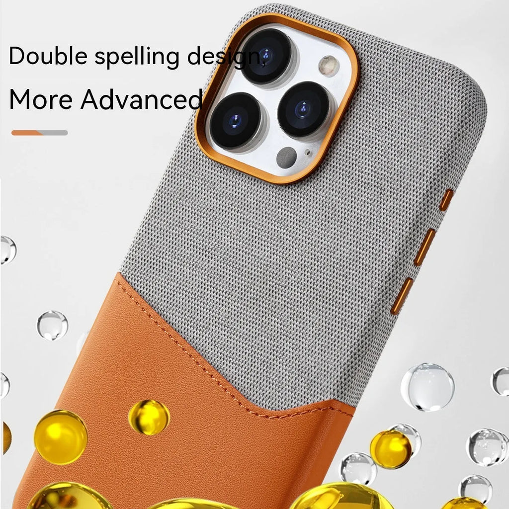 Black imitation leather magnetic card phone case with fabric finish for iPhone 12-15 Pro Max