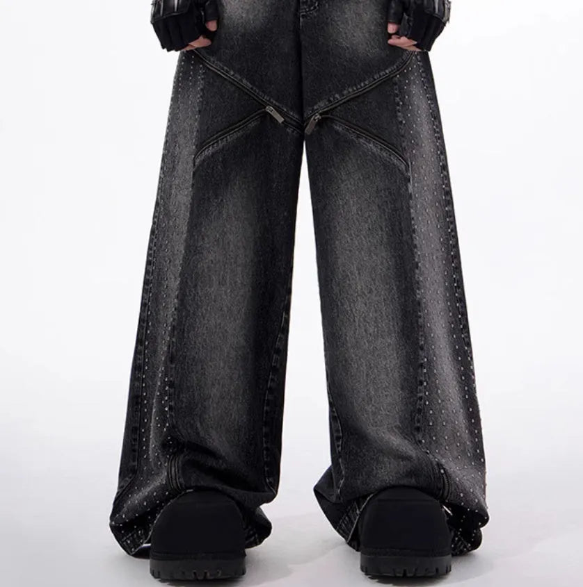 Korean style two-piece set with structure zipper wide leg pants and matching top in black and grey washed cotton denim
