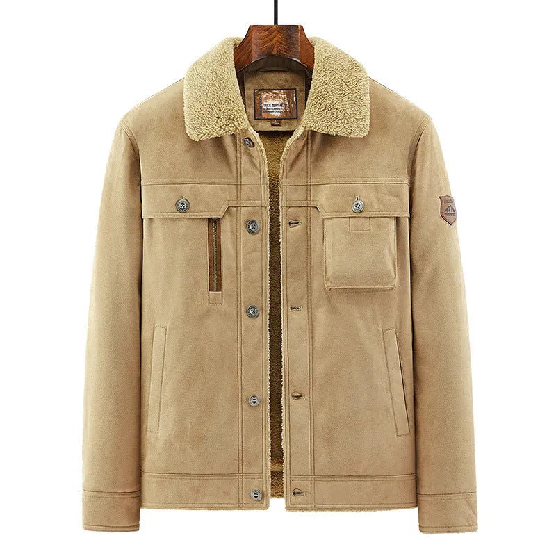 Men's deerskin jacket in khaki colour, polyester fiber with insulation and windproof features, business formal style for autumn winter