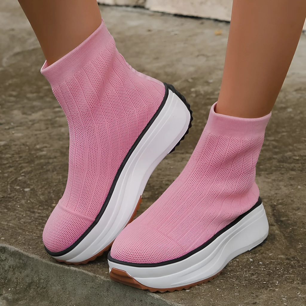Women's knitted ankle boots in pink with thick sponge sole and flat heel, available in sizes 36-42