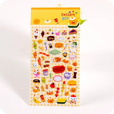 Pack of colourful 3D bubble stickers showing raised cartoon designs of an alpaca, cat, dinosaur, and sweetheart motifs.