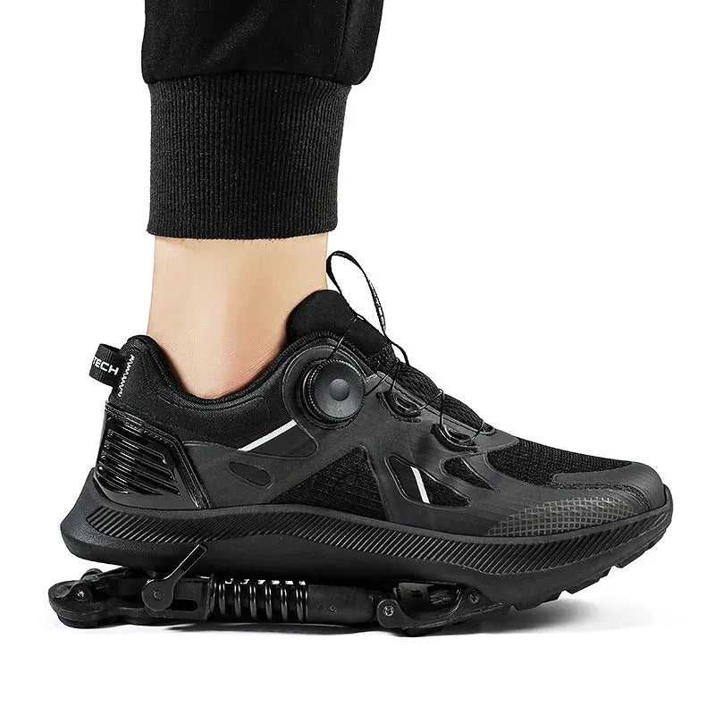 Black mesh mechanical running shoes with a buckle fastening and a mid-top design on an EVA rubber sole.