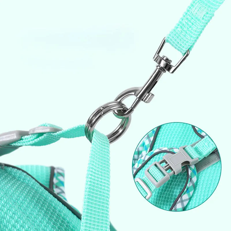 Step-in no-pull dog harness with breathable mesh, quick-release buckle, reflective strips, and attached 1.2m leash.
