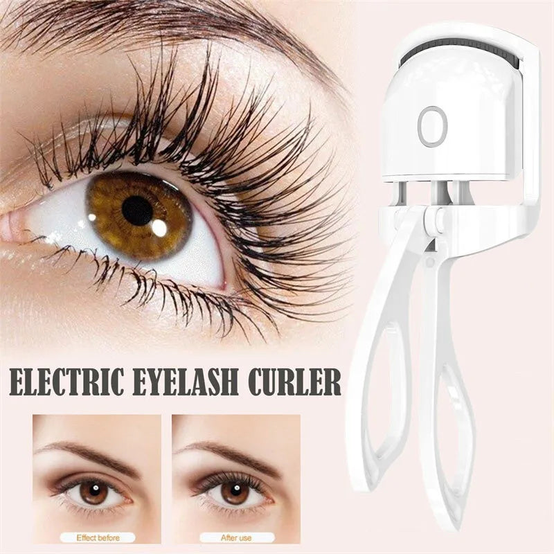 Pink and white USB rechargeable heated eyelash curler with dual temperature settings.