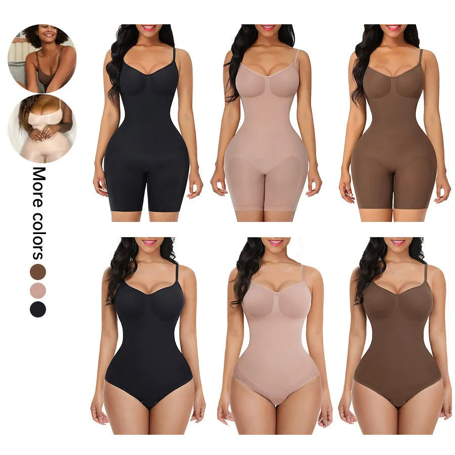 Plus size women's stretch sling one-piece shapewear in black nylon with hip lift and belly contracting functions