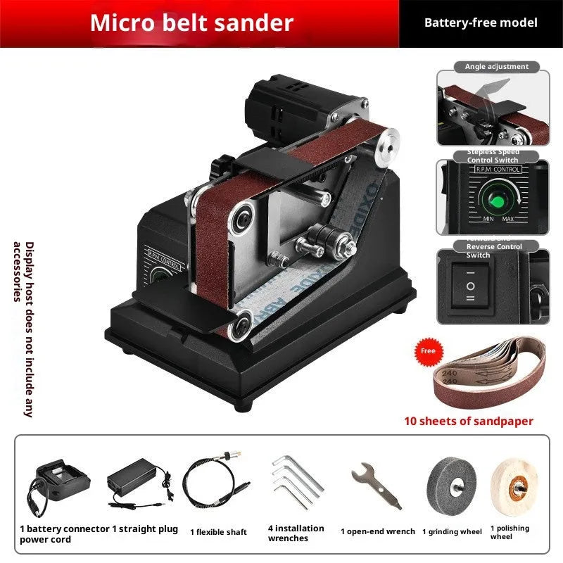 Small miniature desktop electric belt sander with variable speed, adjustable grinding bracket, and 10 abrasive belt, 110V US plug