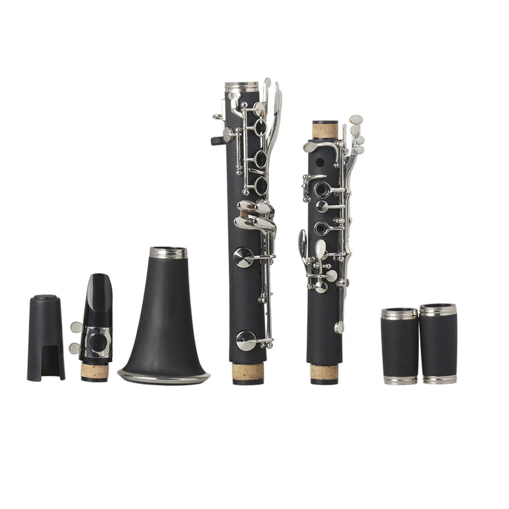 Black bakelite clarinet with 17 nickel-plated keys and carrying bag for beginner musicians
