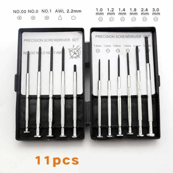 TH-6177 11-piece clock screwdriver set with cross-head and flat-head bits made from 45# steel.