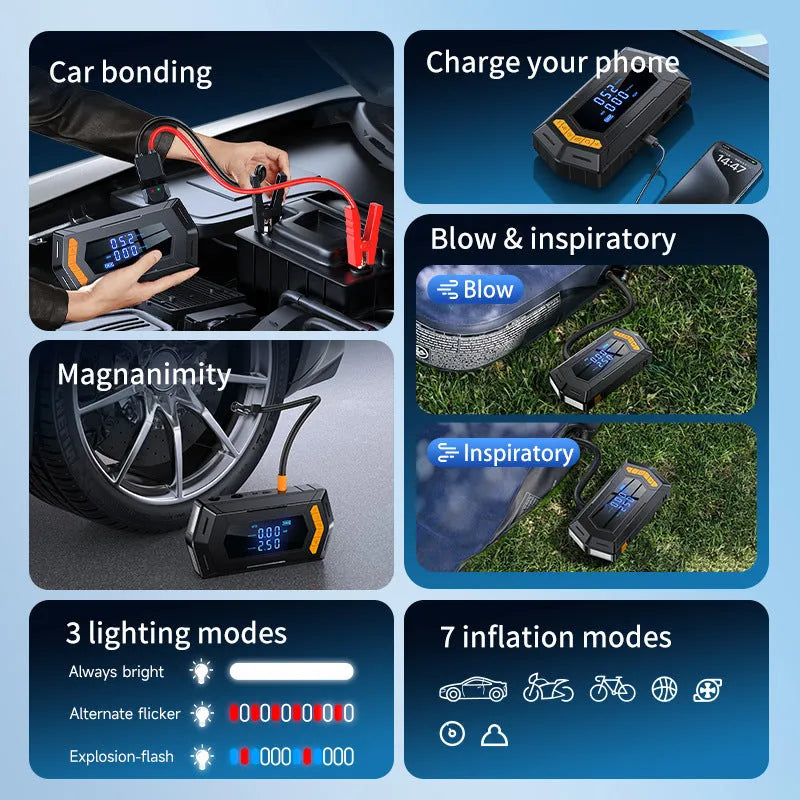 Car emergency starter power bank with air compressor, smart battery clips, and Eva storage bag
