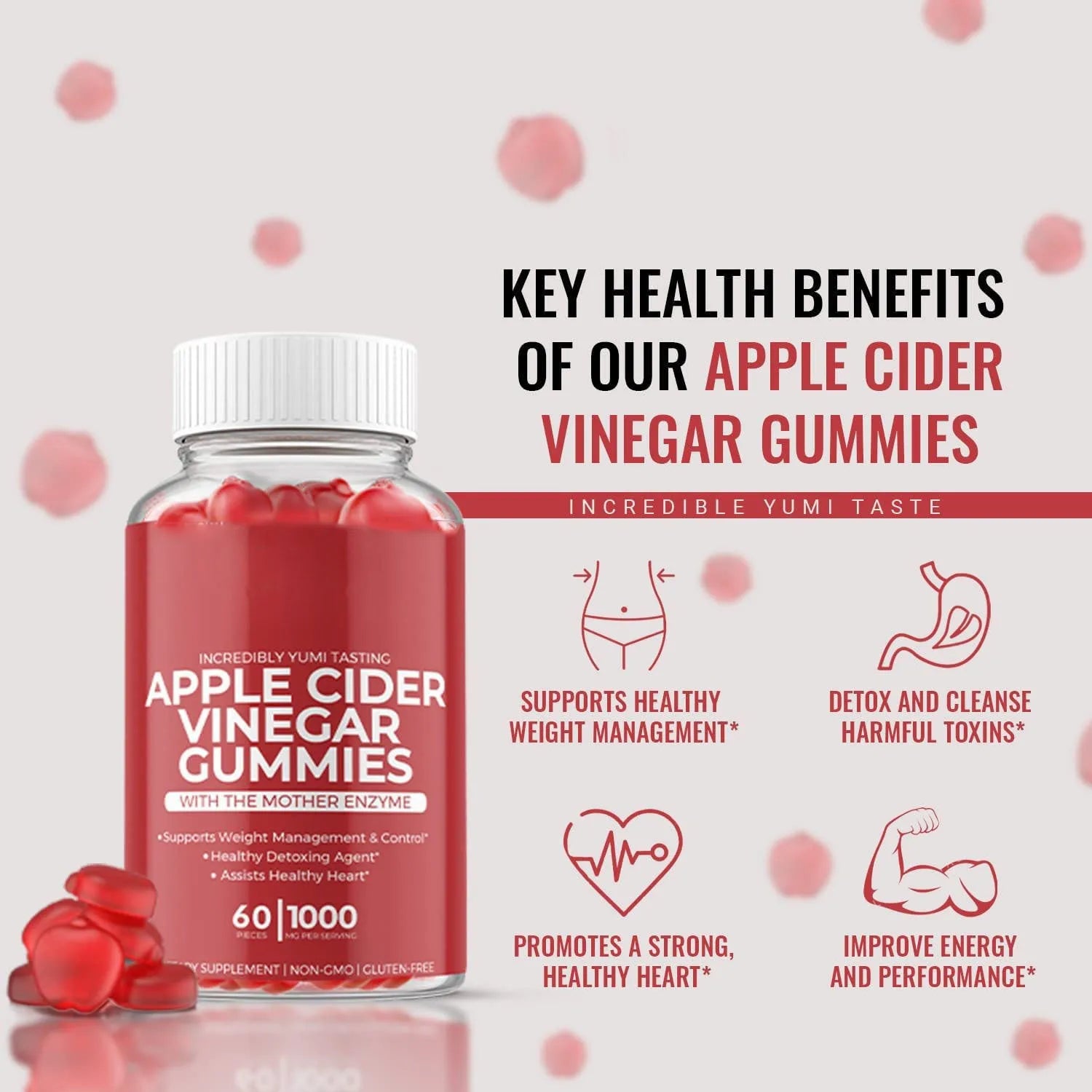 Bottle of apple cider vinegar gummy supplements containing 60 tablets for adult nutritional use