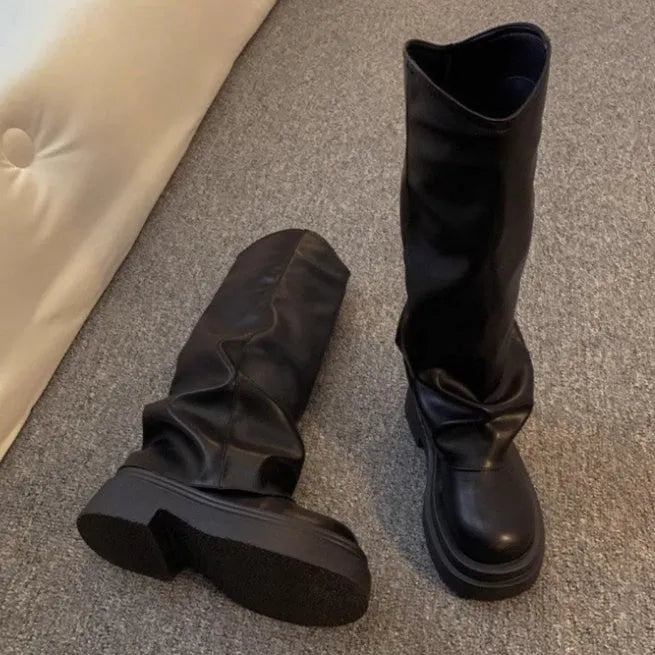 Women's round toe high cylinder PU autumn boots in beige, brown, and black colour options on a white background