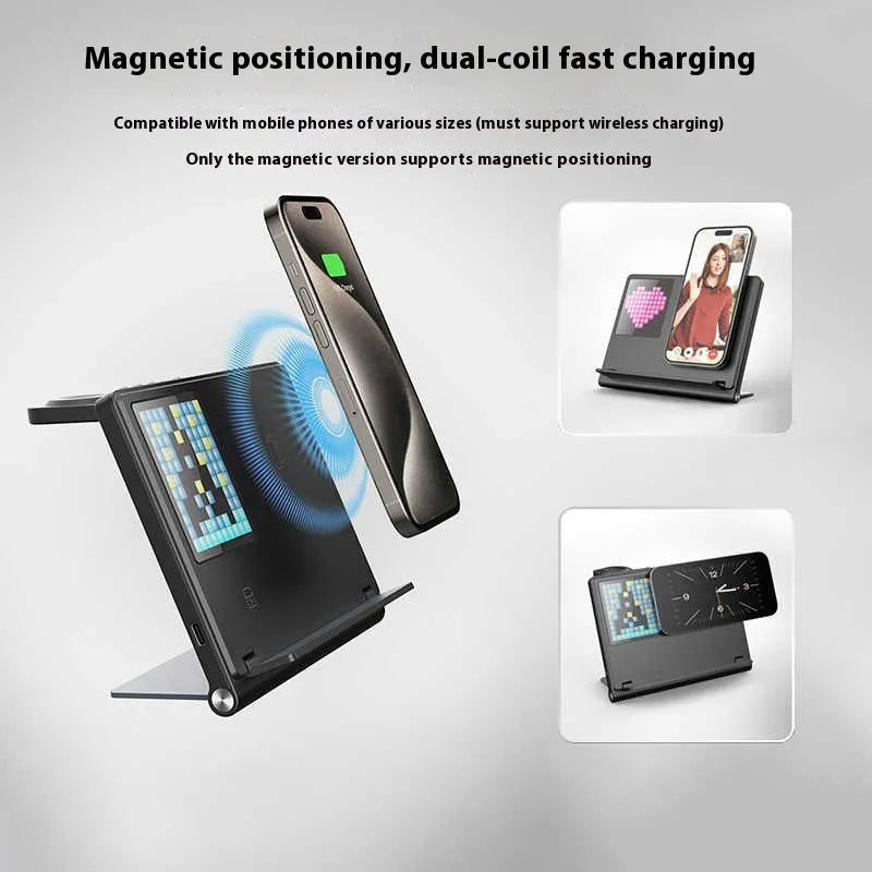 Folding five-in-one wireless charger in black with digital clock display showing time and charging pads.