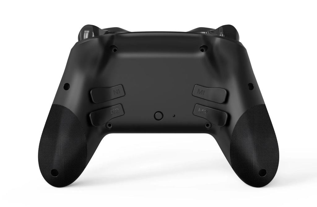 Black wireless game controller with leather-pattern grip for Nintendo Switch, PC, and mobile phones.