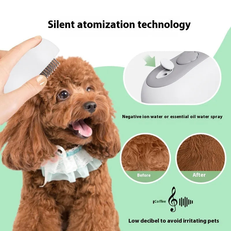A handheld grey cat grooming massage comb with a brush head and built-in spray nozzle.