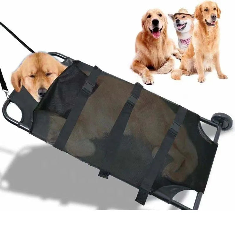 Black aluminium alloy large pet stretcher for emergency dog transfer on a solid background.