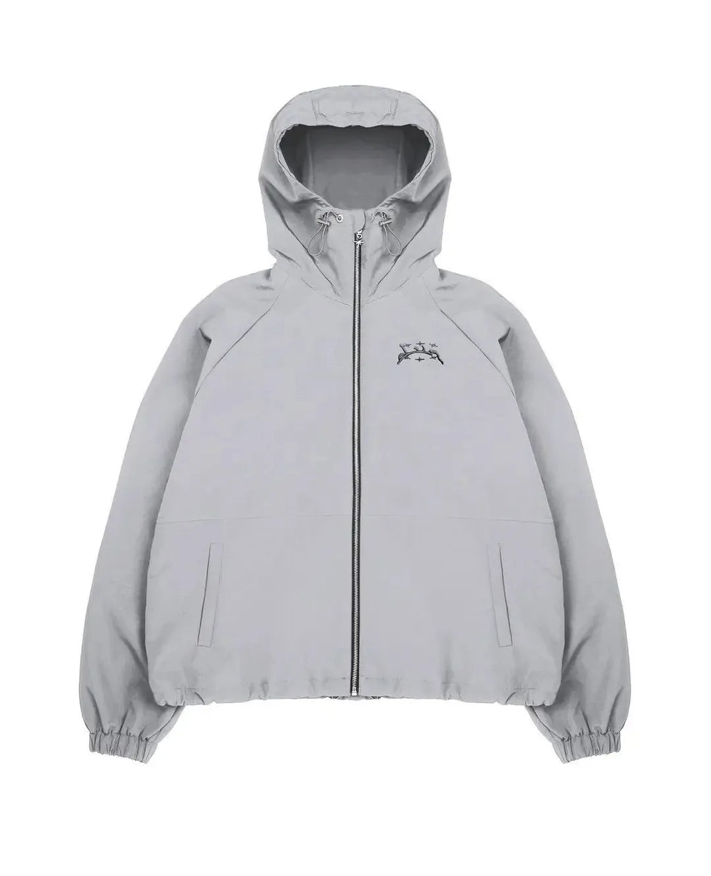 Men's grey loose hooded British-style jacket with polyester fabric on mannequin