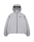 Men's grey loose hooded British-style jacket with polyester fabric on mannequin