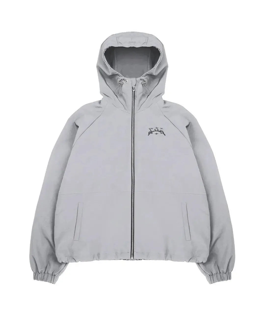 Men's grey loose hooded British-style jacket with polyester fabric on mannequin