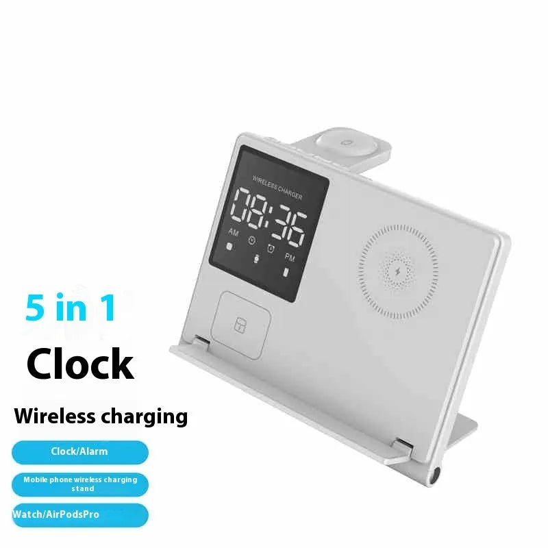 Folding five-in-one wireless charger in black with digital clock display showing time and charging pads.