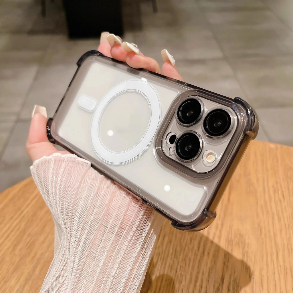 Transparent airbag silicone phone case with magnetic suction and lens protection for iPhone models