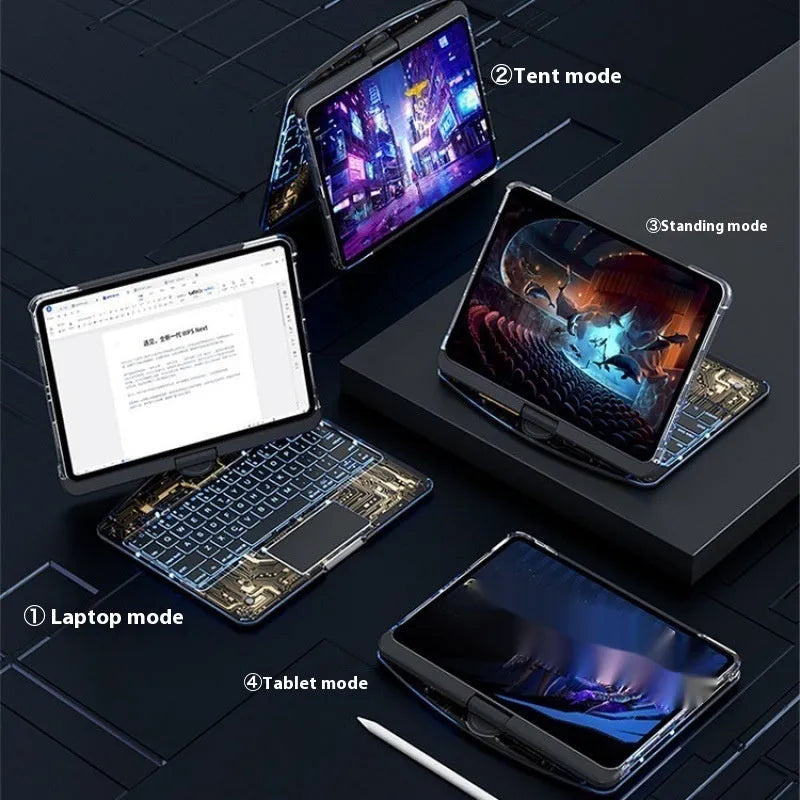 Transparent rotating keyboard case for Apple iPad Air 5 tablet showing adjustable hinge and wireless keyboard