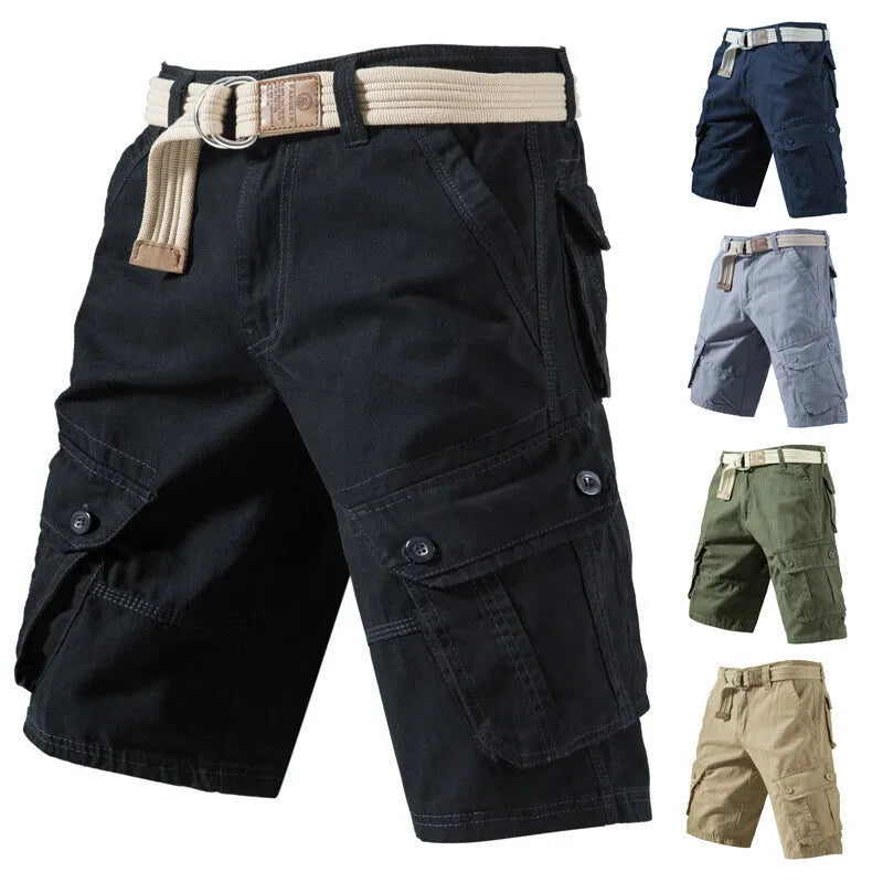 Cotton blend cargo shorts with multiple pockets in loose fit showing army green colour option