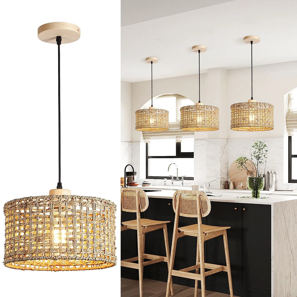Rattan chandelier ceiling light with woven body, E27 or E26 lamp holder and 220V rating for dining room or kitchen